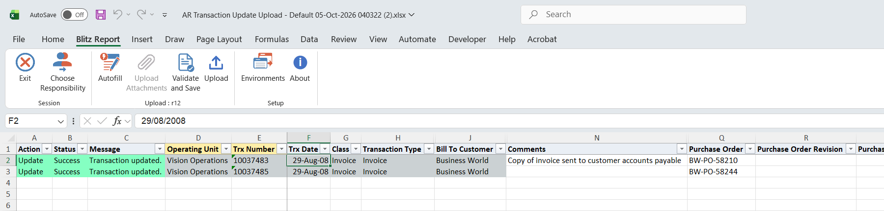 Result report showing invoices 10037483 and 10037485 with status Success and message Transaction updated