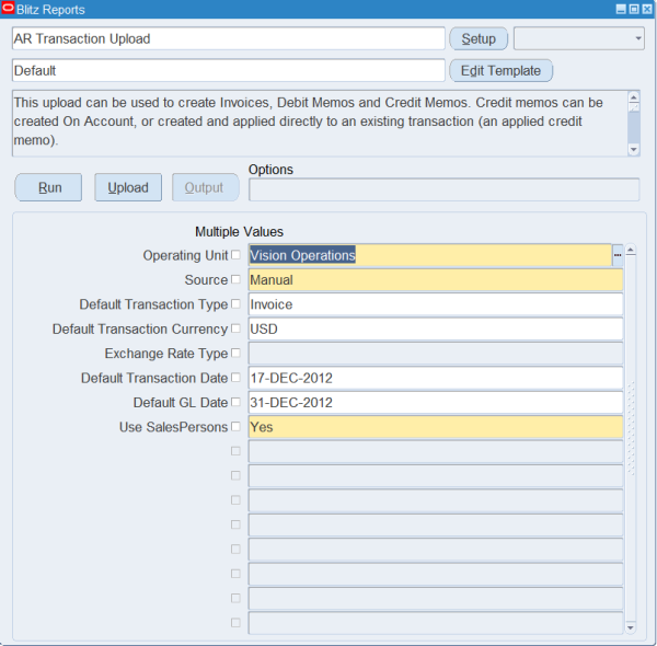 Blitz Report run screen for AR Transaction Upload with the Default template, Operating Unit Vision Operations, Source Manual and Default Transaction Type Invoice