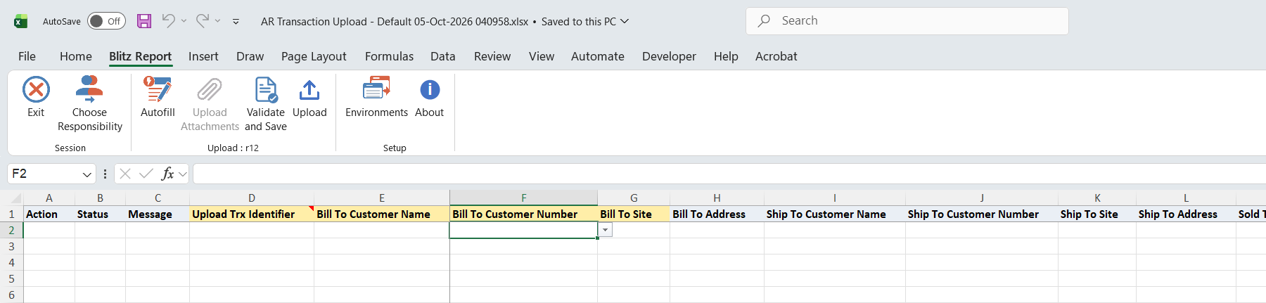 Excel file opened with an empty sheet for new transactions