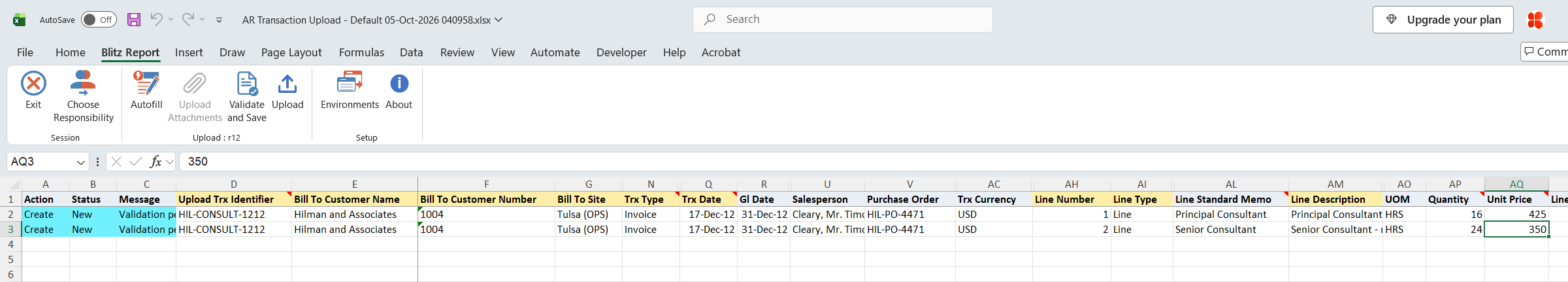 Two rows with the same Upload Trx Identifier forming one invoice for Hilman and Associates, with two consulting lines using standard memo lines, quantities and unit prices