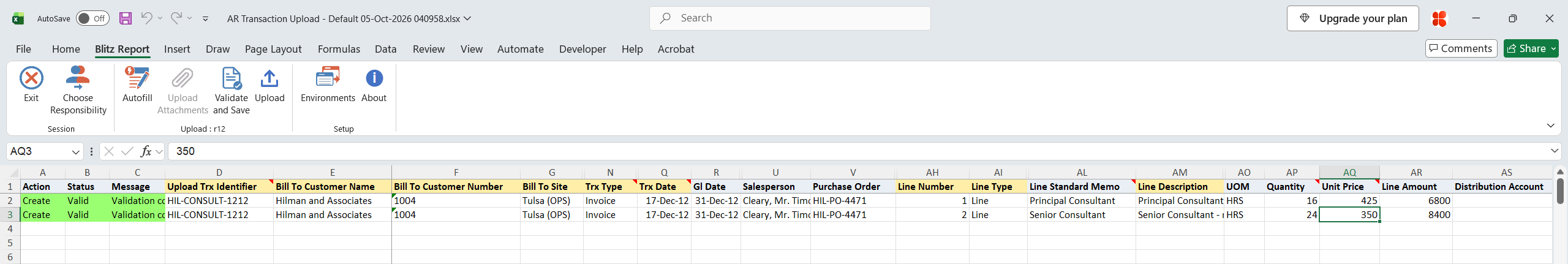 Both invoice rows show status Valid after Validate and Save, with the line amounts calculated