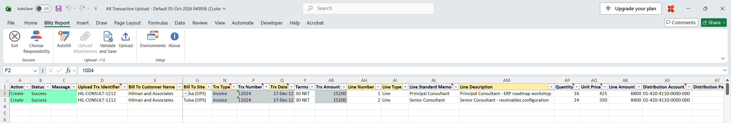 Result report showing both lines with status Success, the created transaction number 12024, terms, transaction amount and revenue account