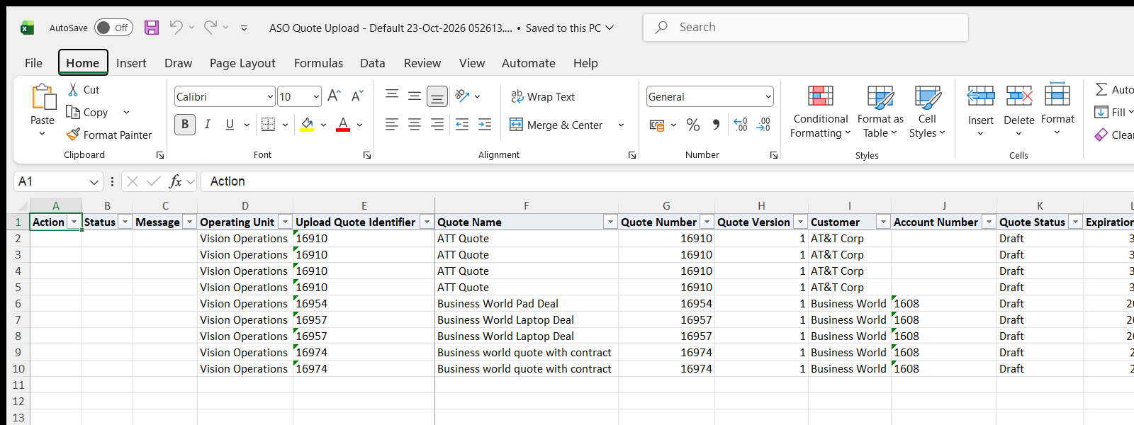 ASO Quote Upload downloaded Excel file