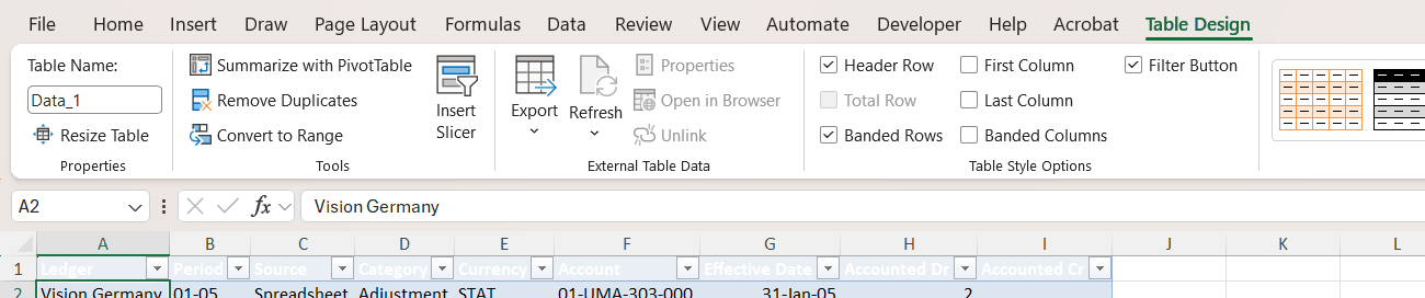Excel Table Design ribbon showing a data tab formatted as a table named Data_1