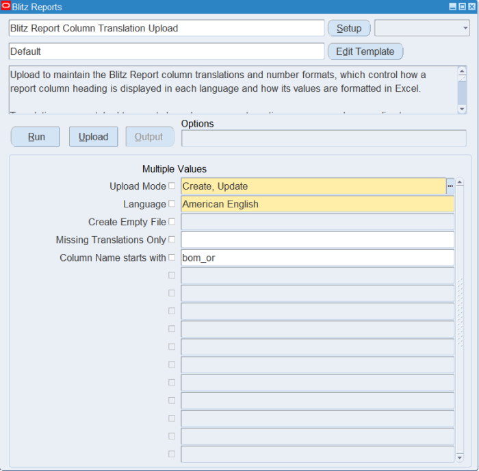 Blitz Report run screen for Blitz Report Column Translation Upload with Upload Mode Create, Update, Language American English and Column Name starts with bom_or