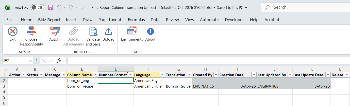 Excel file with the column names bom_or_eng, without a translation, and bom_or_recipe, translated as Bom or Recipe