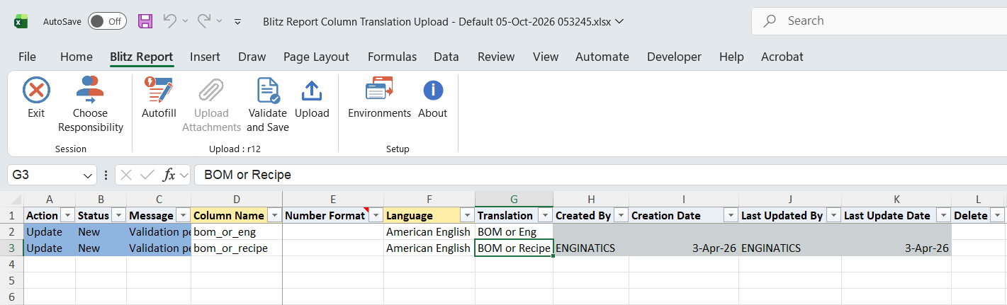 Excel file with the translation BOM or Eng entered for bom_or_eng and the translation of bom_or_recipe changed to BOM or Recipe, both marked Update