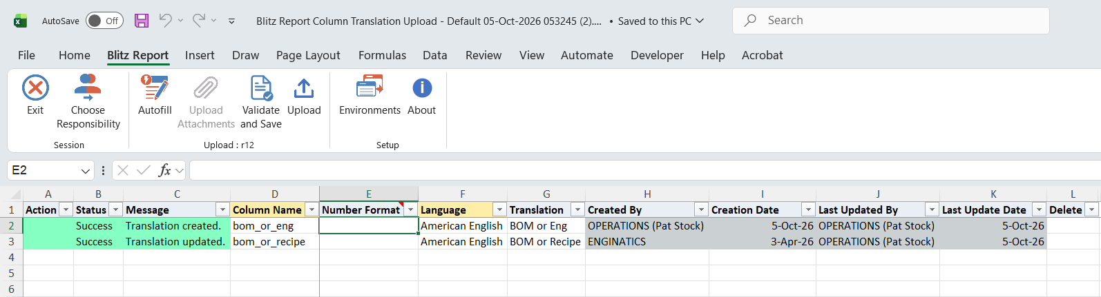 Result report showing Translation created for bom_or_eng and Translation updated for bom_or_recipe with status Success