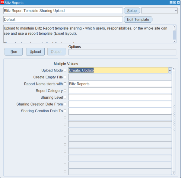 Blitz Report run screen for Blitz Report Template Sharing Upload with Upload Mode Create, Update and Report Name starts with Blitz Reports