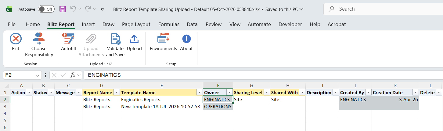 Excel file with the two templates of report Blitz Reports: one shared at Site level and one not shared yet