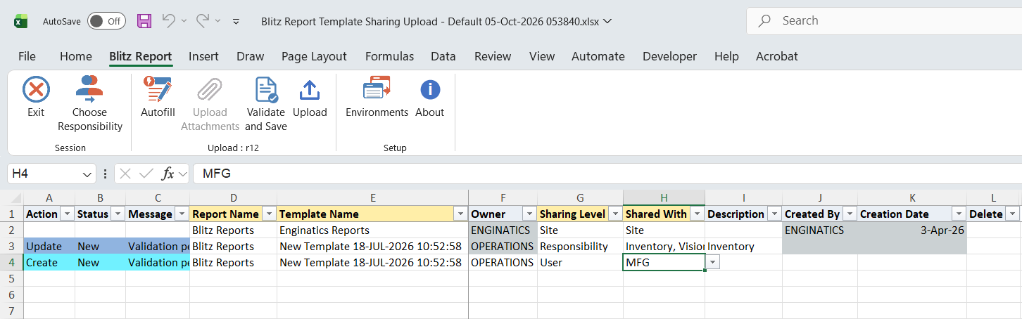 Excel file with the unshared template shared with responsibility Inventory, Vision Operations (USA), marked Update, and a new row sharing it with user MFG, marked Create