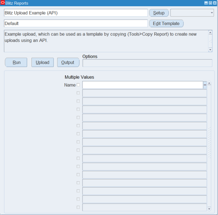 Blitz Report run screen for Blitz Upload Example (API) with the Default template and the Name parameter left blank