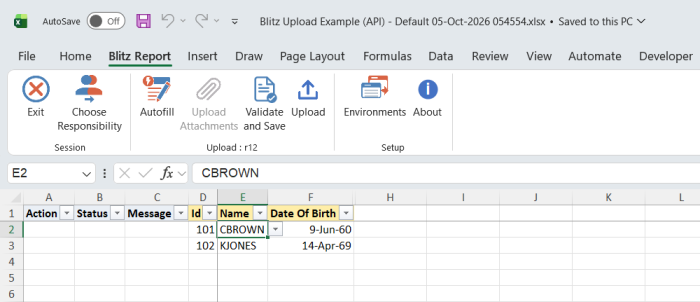 Excel file with the two existing records of the example table, Id 101 CBROWN and Id 102 KJONES