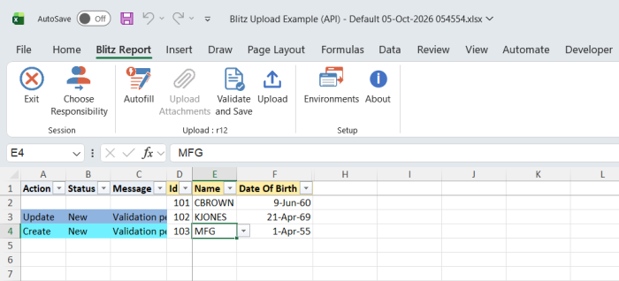 Excel file with the Date Of Birth of Id 102 changed, marked Update, and a new record Id 103 MFG added, marked Create