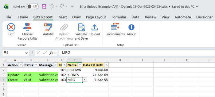 Both edited rows show status Valid after Validate and Save