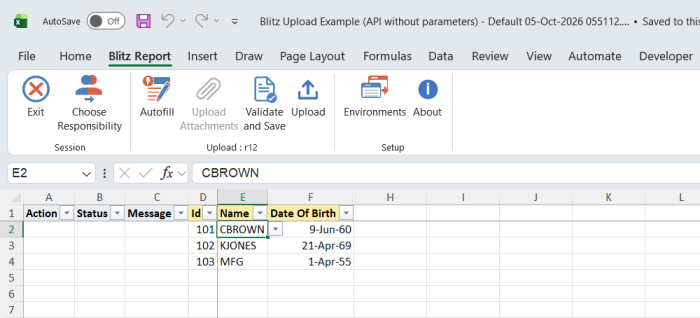 Excel file with the three existing records of the example table, Id 101 CBROWN, 102 KJONES and 103 MFG