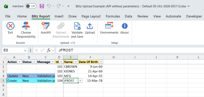 Excel file with the Date Of Birth of Id 103 changed, marked Update, and a new record Id 104 JFROST added, marked Create