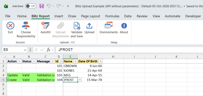 Both edited rows show status Valid after Validate and Save