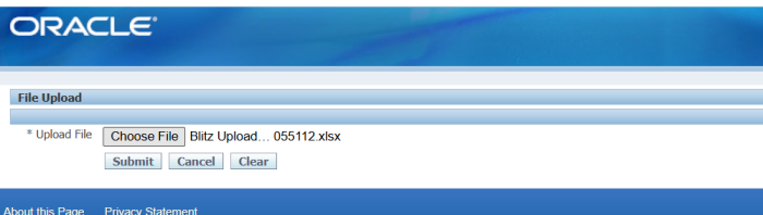 File Upload page with the saved Excel file selected for upload