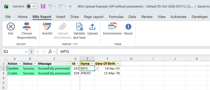 Result report showing the updated record 103 and the created record 104 with status Success and the message written back by the procedure