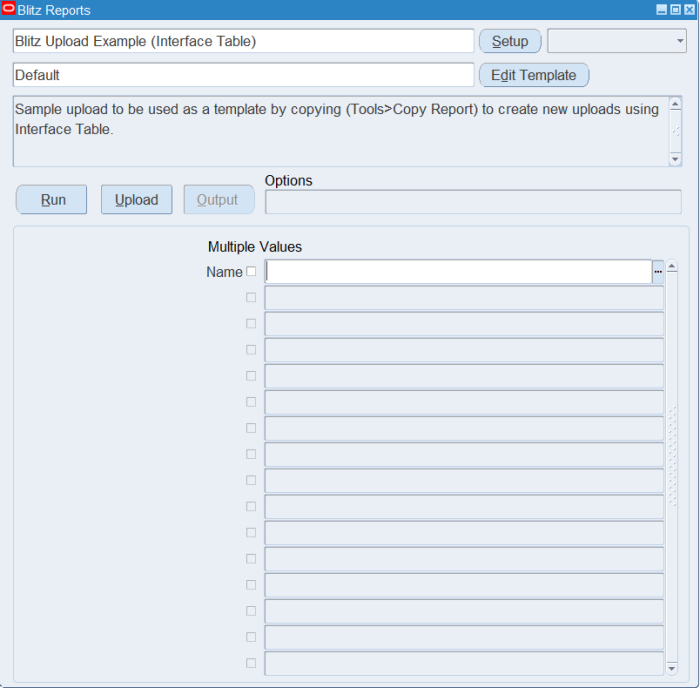 Blitz Report run screen for Blitz Upload Example (Interface Table) with the Default template and the Name parameter left blank