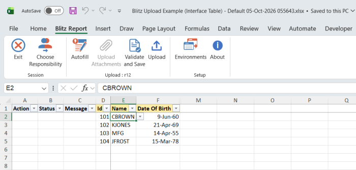 Excel file with the four existing records of the example table, Id 101 to 104