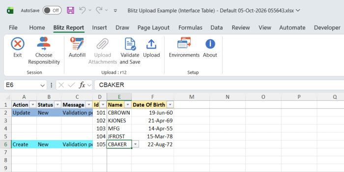 Excel file with the Date Of Birth of Id 101 changed, marked Update, and a new record Id 105 CBAKER added, marked Create