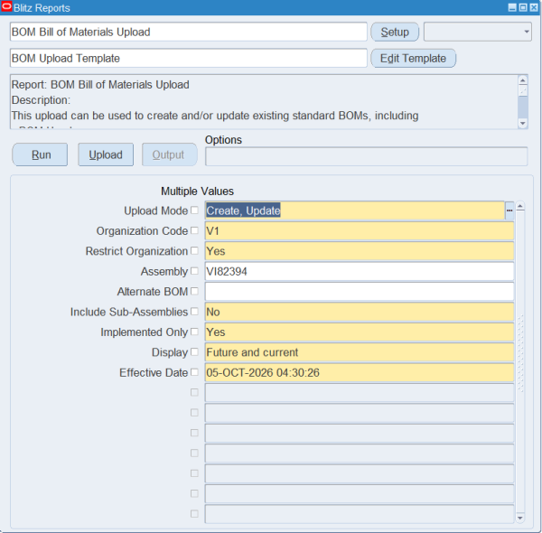 Blitz Report run screen for BOM Bill of Materials Upload with Upload Mode Create, Update, Organization Code V1 and Assembly VI82394