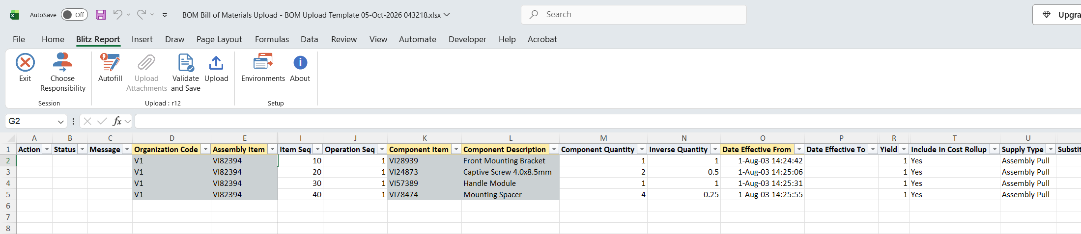 Excel file with the four components of assembly VI82394 Front Assembly Mechanical Panel