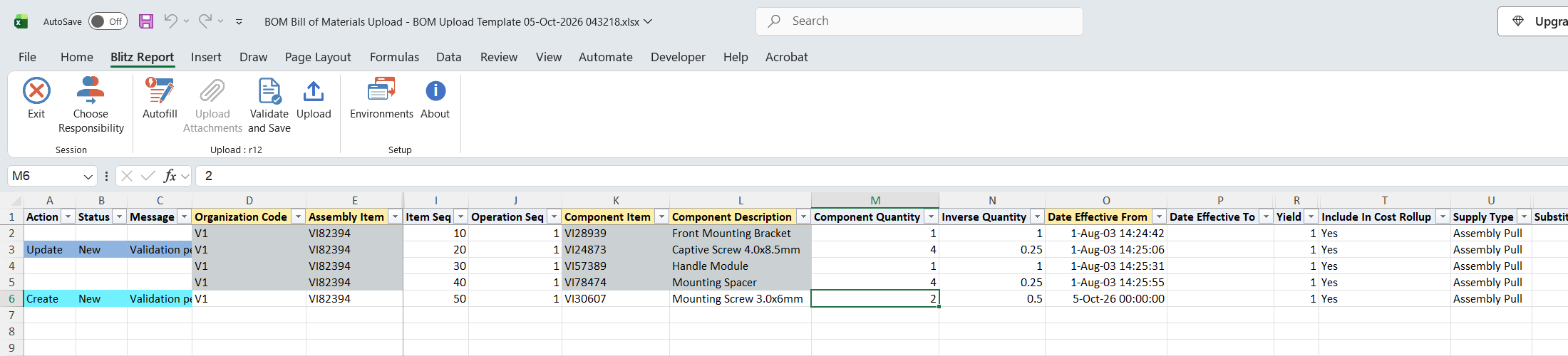 Excel file with the quantity of component VI24873 changed to 4, marked Update, and new component VI30607 added at item sequence 50, marked Create