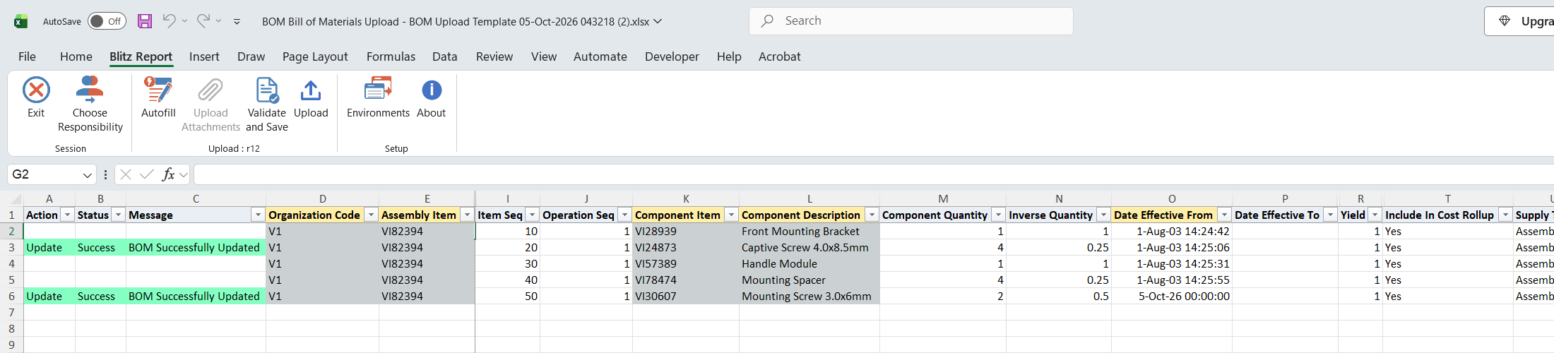 Result report showing both rows of bill VI82394 with status Success and message BOM Successfully Updated