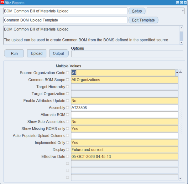 Blitz Report run screen for BOM Common Bill of Materials Upload with Source Organization Code V1, Common BOM Scope All Organizations and Assembly AT23808