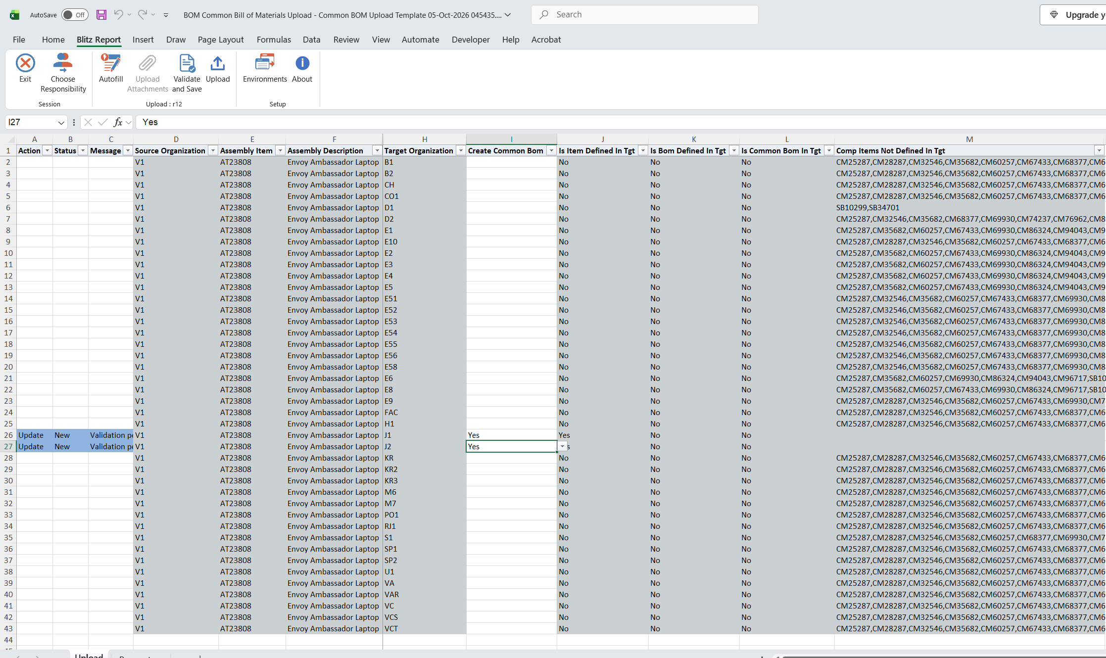 Create Common Bom set to Yes for target organizations J1 and J2, marking both rows for upload