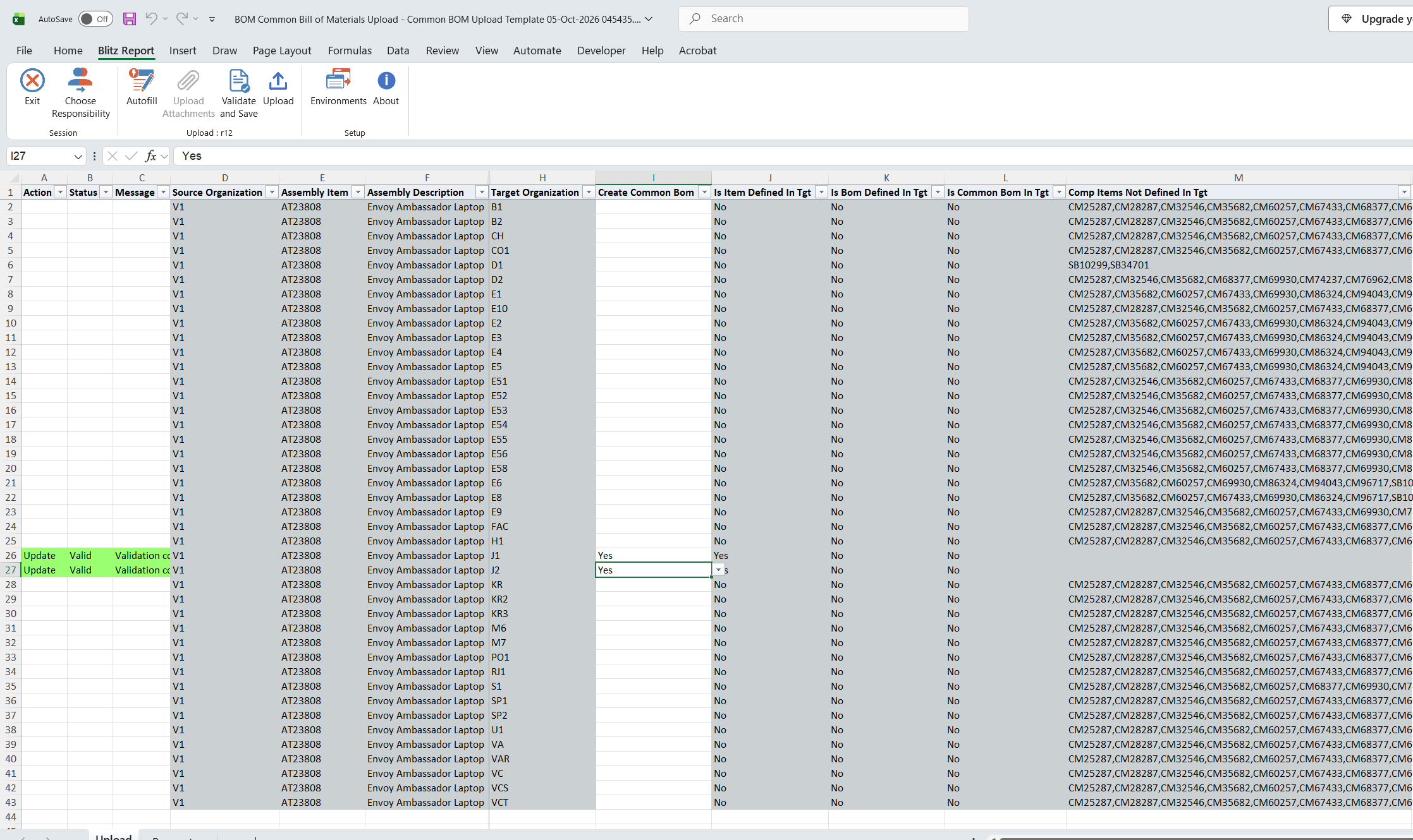 After Validate and Save the flagged J1 and J2 rows show status Valid