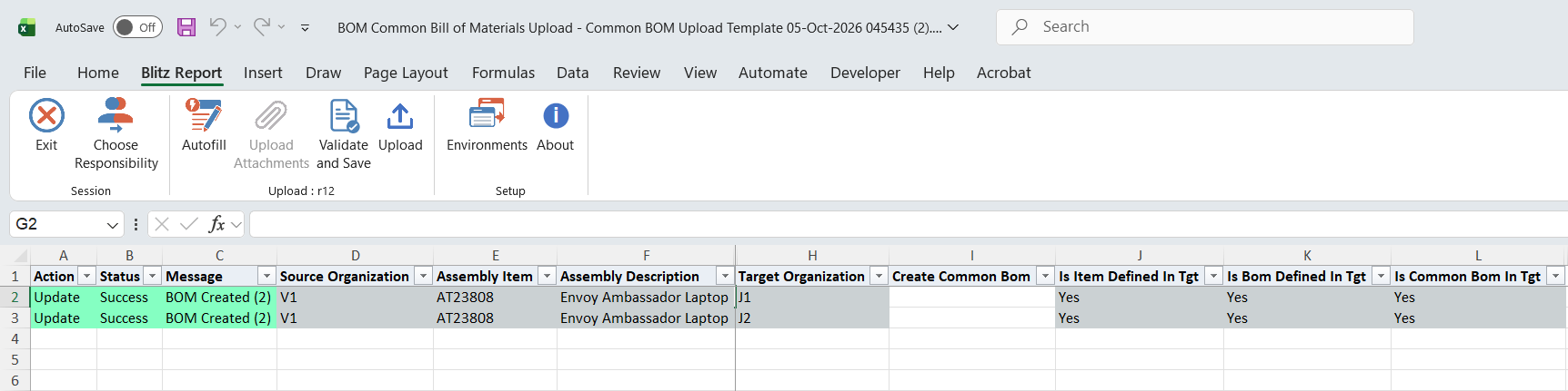 Result report showing both rows with status Success and message BOM Created (2), the assembly and its sub-assembly bill