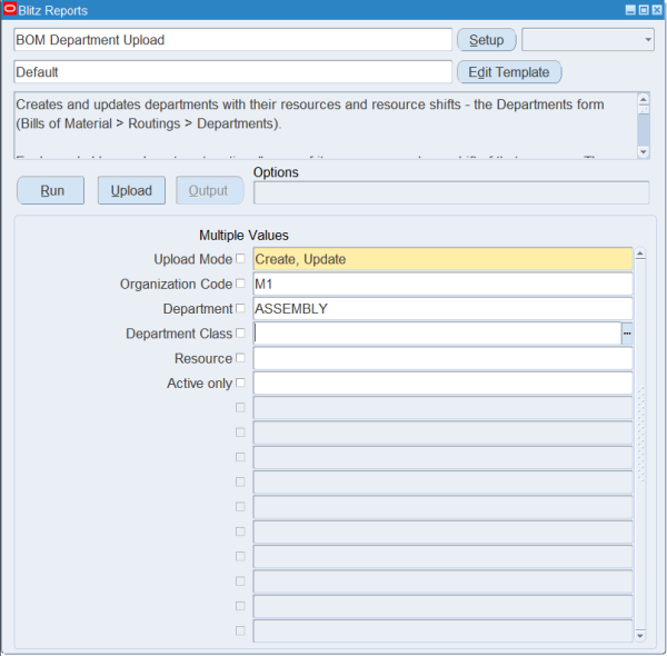 Blitz Report run screen for BOM Department Upload with Upload Mode, Organization Code and Department