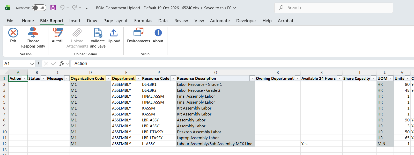 Excel file with the department's resources downloaded by BOM Department Upload