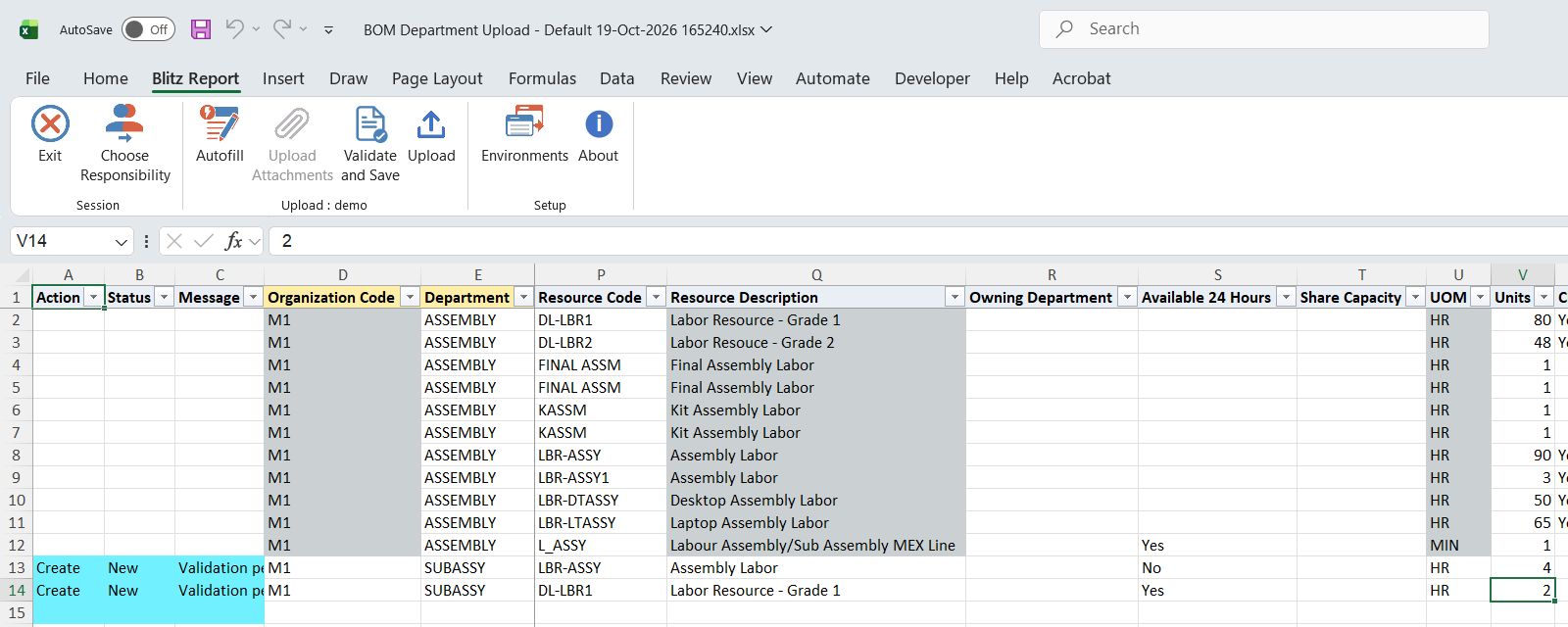 New department rows with resources entered in the BOM Department Upload Excel file