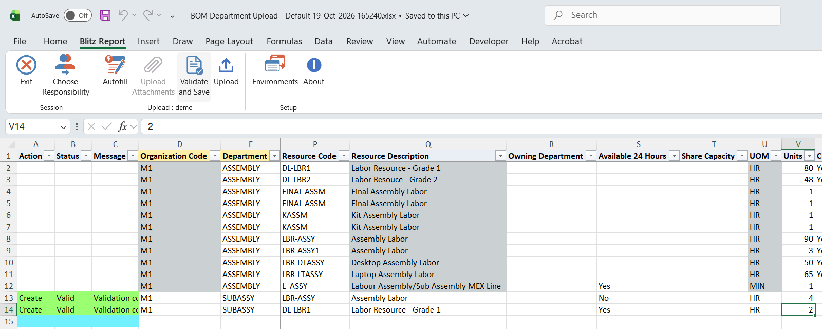 New rows marked Valid after Validate and Save
