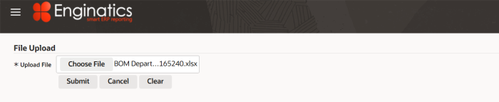 File Upload page with the saved BOM Department Upload file selected
