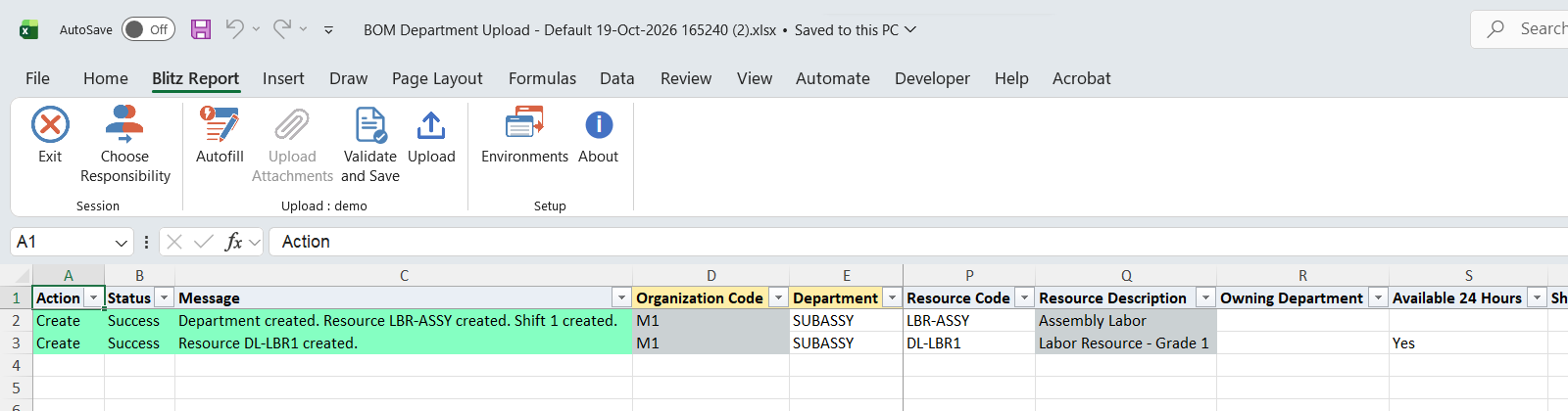 Result report listing the created department, resources and shift