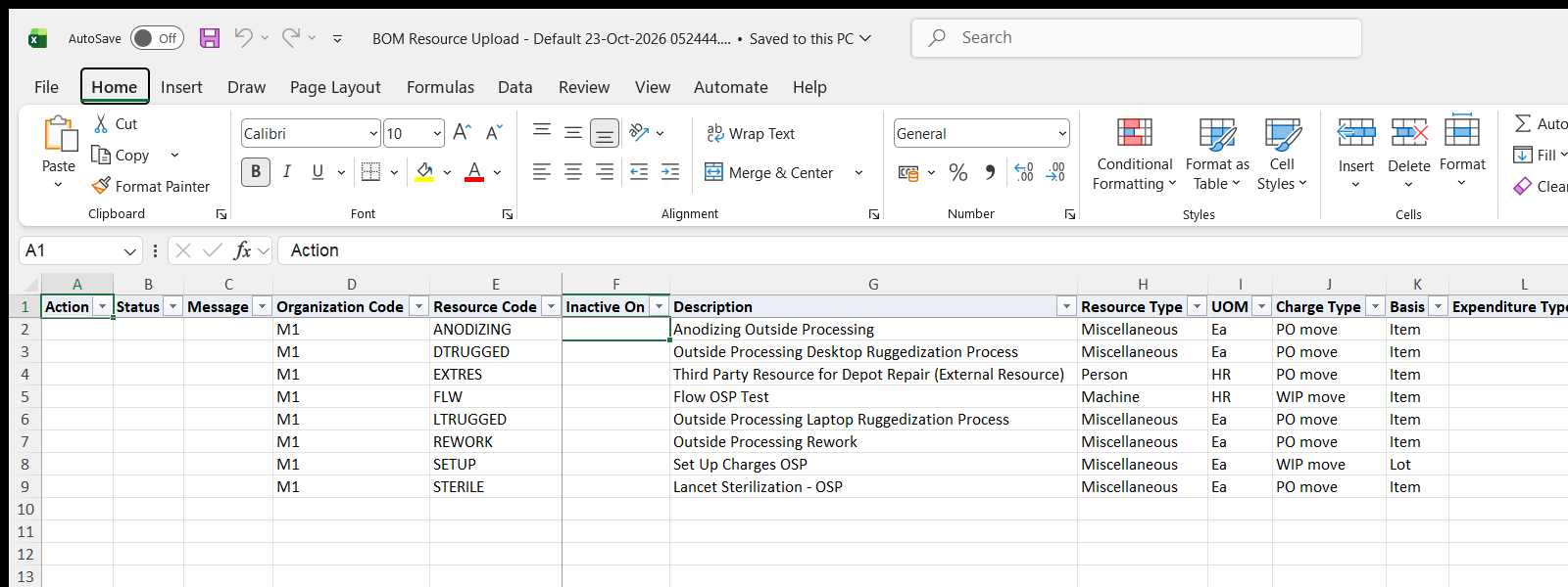BOM Resource Upload downloaded Excel file