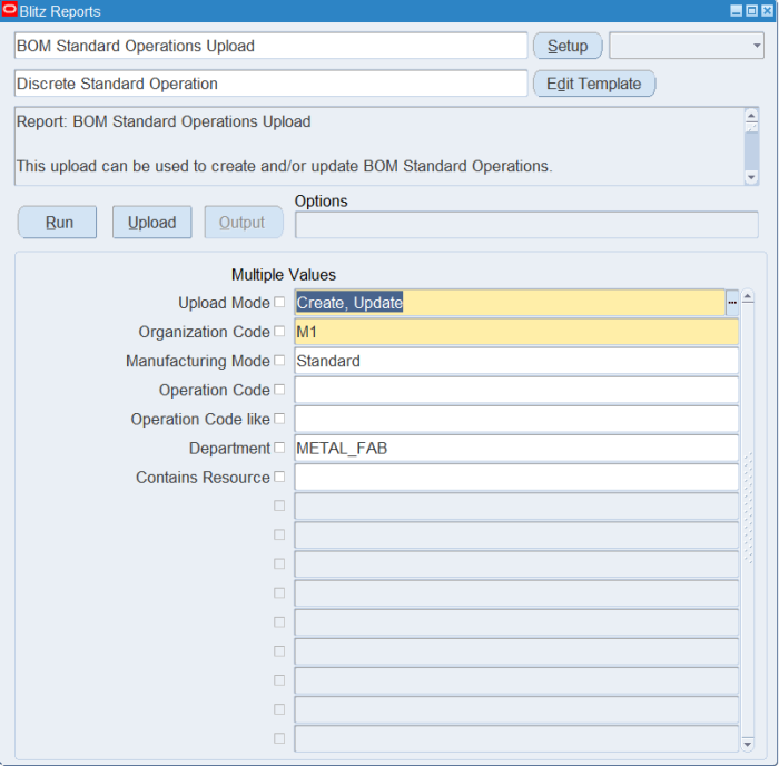 Blitz Report run screen for BOM Standard Operations Upload with template Discrete Standard Operation, Upload Mode Create, Update, Organization Code M1, Manufacturing Mode Standard and Department METAL_FAB