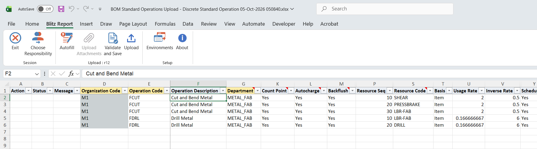 Excel file with the resource rows of standard operations FCUT and FDRL in department METAL_FAB