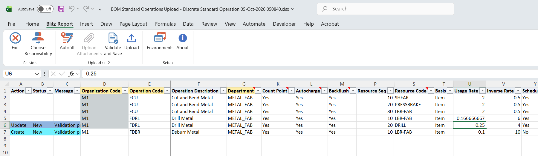 Excel file with the usage rate of resource DRILL on FDRL changed, marked Update, and a new operation FDBR with resource LBR-FAB added, marked Create