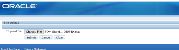 File Upload page with the saved Excel file selected for upload