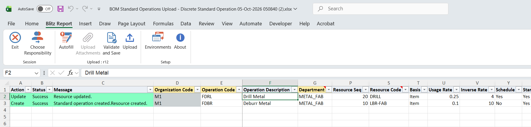 Result report showing the updated resource on FDRL and the created operation FDBR with status Success