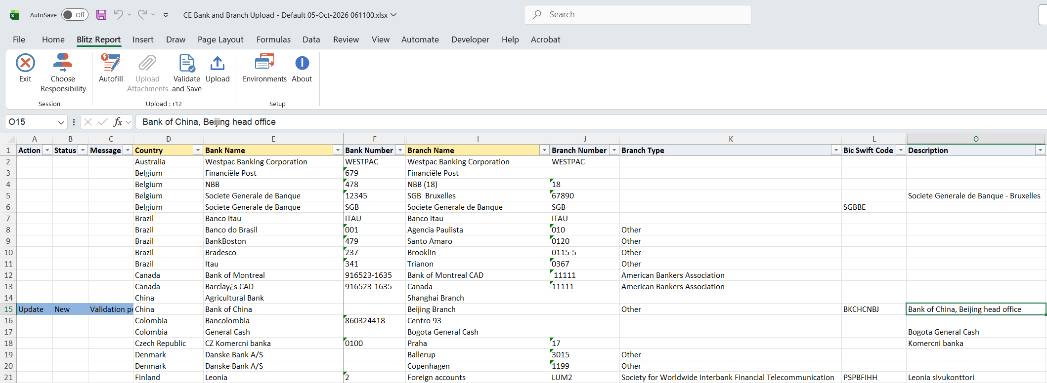 Excel file with the Beijing Branch of Bank of China changed to branch type Other, BIC BKCHCNBJ and a new description, marked Update