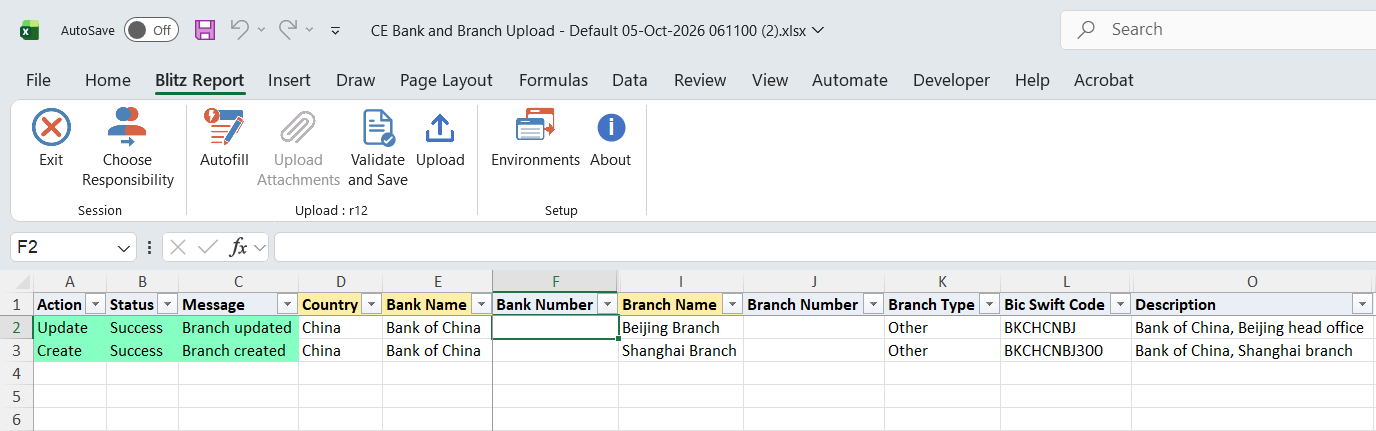 Result report showing the updated Beijing Branch and the created Shanghai Branch of Bank of China with status Success