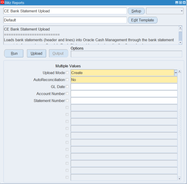 Blitz Report run screen for CE Bank Statement Upload with Upload Mode Create and AutoReconciliation No